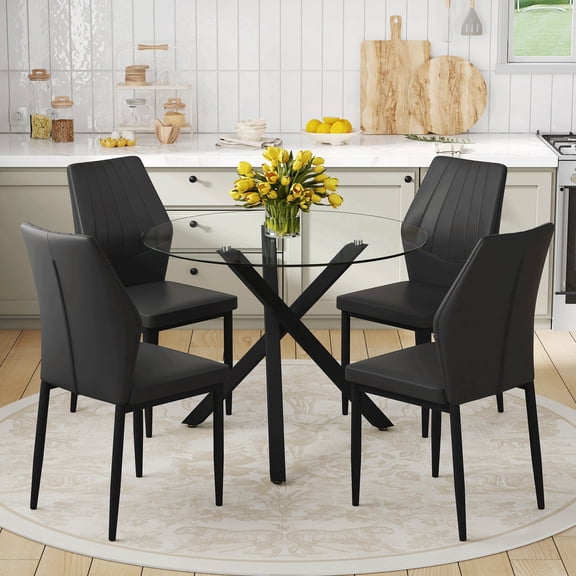 StnTalk 39″ Round Glass Dining Table Set for 4 with Black Faux Leather Chairs, Modern Tempered Glass Kitchen & Dining Room Table with Black Metal Base and Upholstered Seating