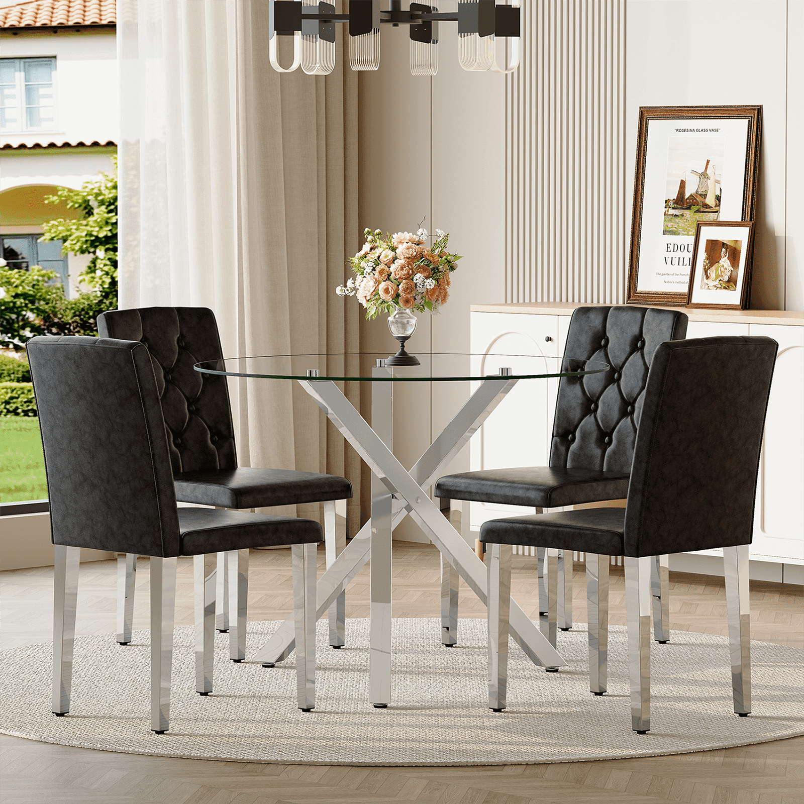 StnTalk 39″ Round Glass Dining Table Set for 4 with Black Faux Leather ...