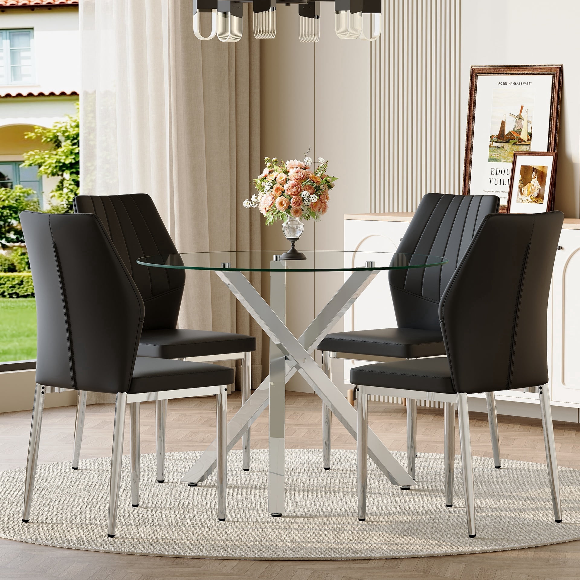 StnTalk 39″ Round Glass Dining Table Set for 4 with Black Faux Leather ...