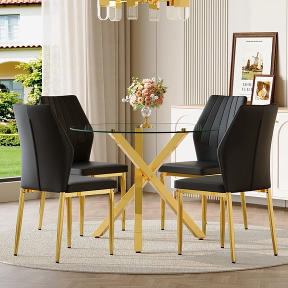 StnTalk 39″ Round Glass Dining Table Set for 4 with Black Faux Leather Chairs, Modern Tempered Glass Kitchen & Dining Room Table with Gold Metal Base and Upholstered Seating