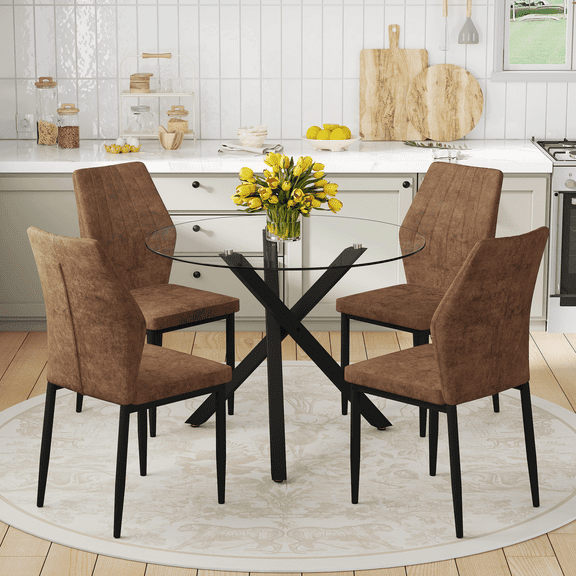 StnTalk 39″ Round Glass Dining Table Set for 4 with Brown Faux Leather Chairs, Modern Tempered Glass Kitchen & Dining Room Table with Chrome Metal Base and Upholstered Seating
