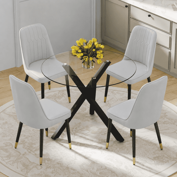 StnTalk 39″ Round Glass Dining Table Set for 4 with Gray Faux Leather Chairs, Modern Tempered Glass Kitchen & Dining Room Table with Black Metal Base and Upholstered Seating