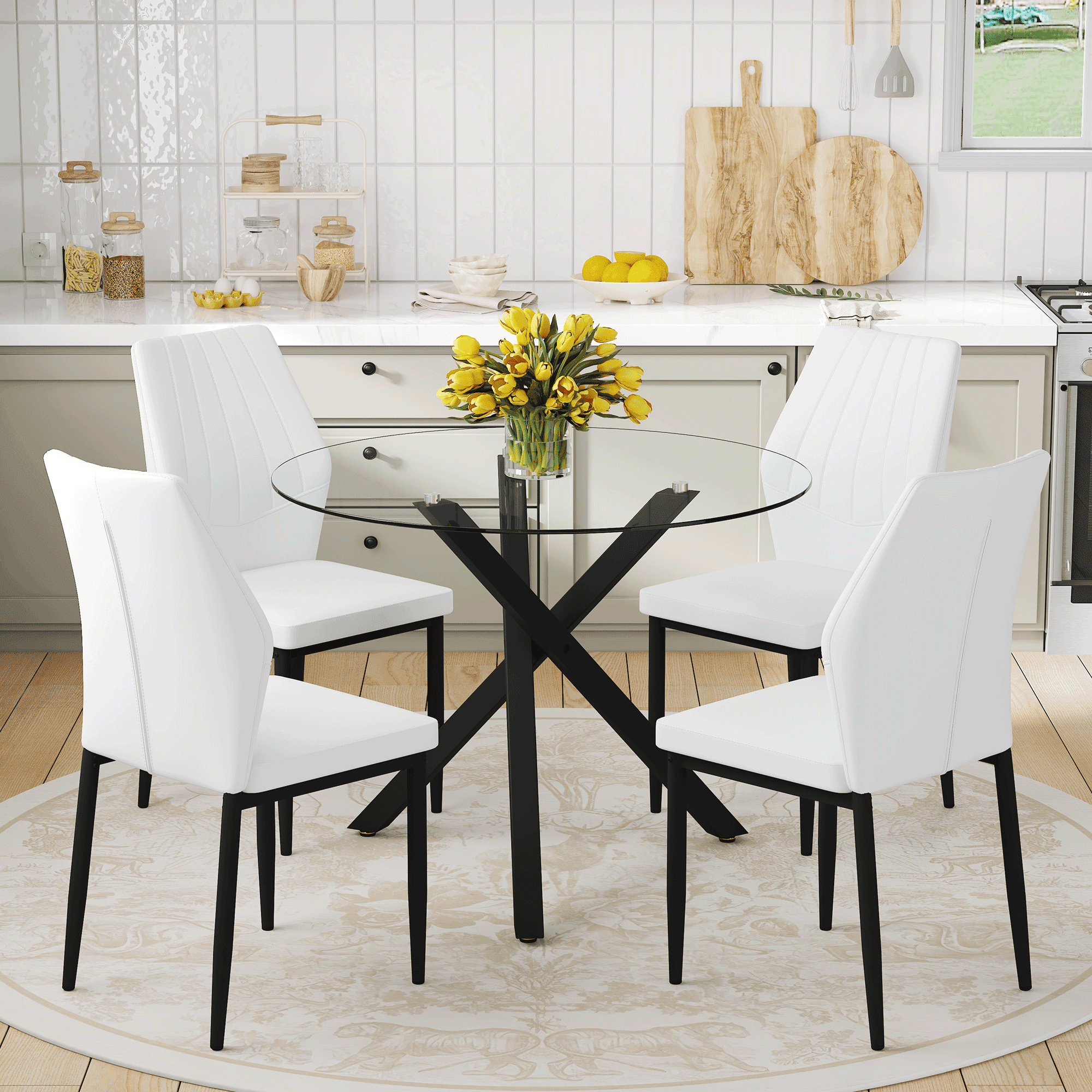 StnTalk 39″ Round Glass Dining Table Set for 4 with White Faux Leather ...
