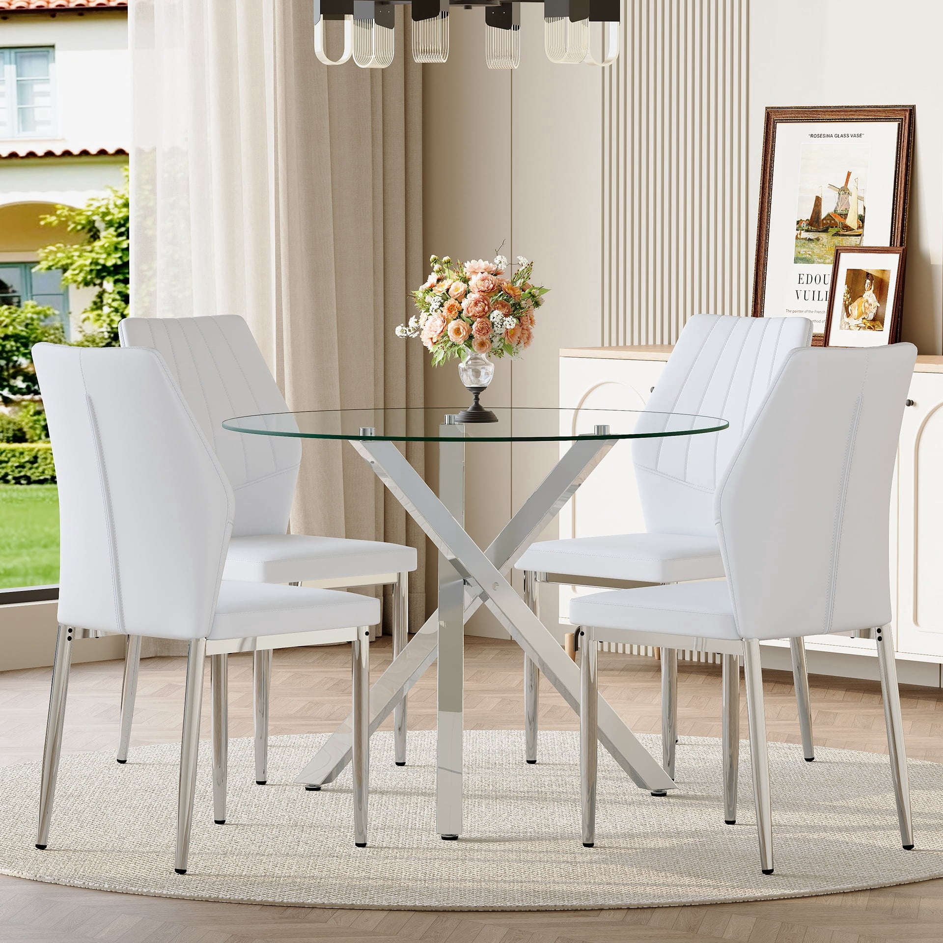 StnTalk 39″ Round Glass Dining Table Set for 4 with White Faux Leather ...