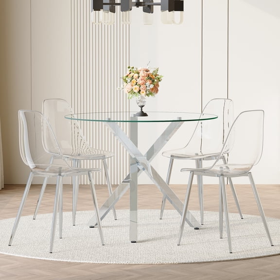 StnTalk 39″ Round Glass Dining Table Set with Clear Acrylic Chairs, Modern Tempered Glass Table with Chrome Metal Base for Kitchen Dining Room, Easy Clean & Space Saving