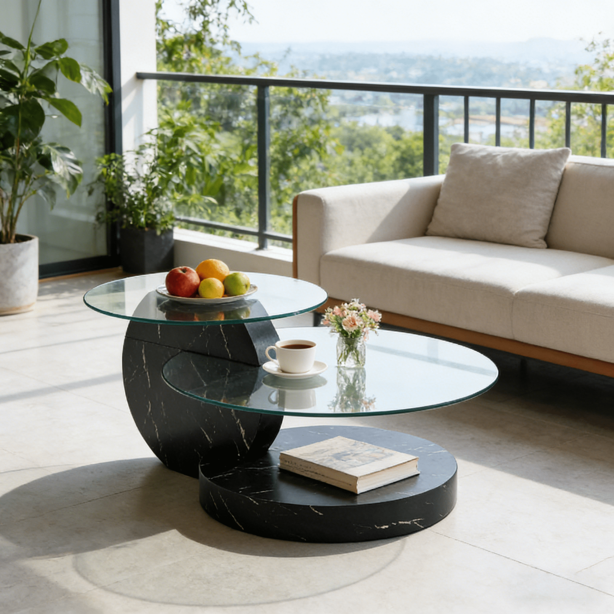 StnTalk 42" Round Coffee Table, 3-Tier Glass Coffee Table with Faux Marble MDF Base, Modern Storage Center Table for Living Room, Small Space, Apartment
