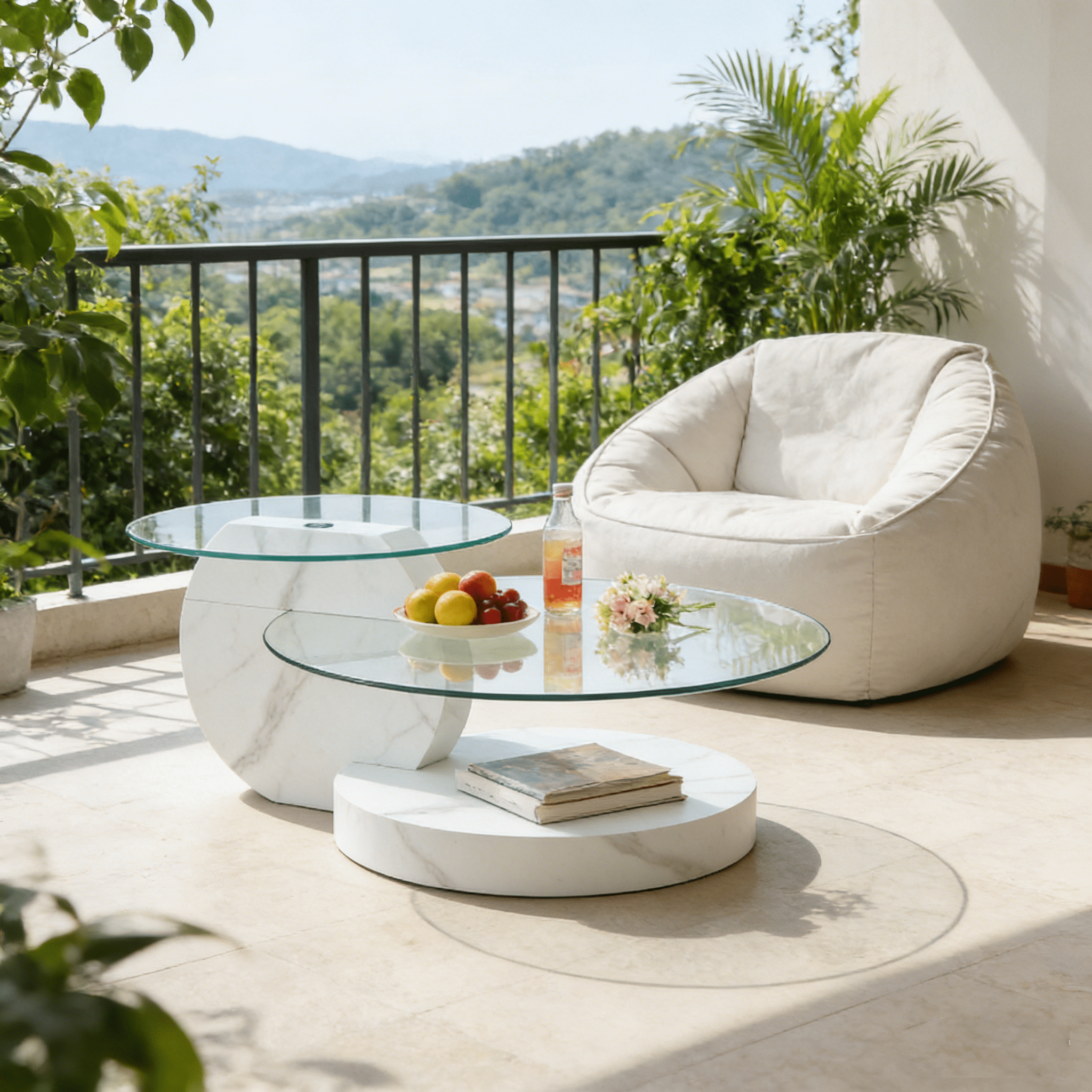 StnTalk 42" Round Coffee Table, 3-Tier Glass Coffee Table with Faux Marble MDF Base, Modern Storage Center Table for Living Room, Small Space, Apartment