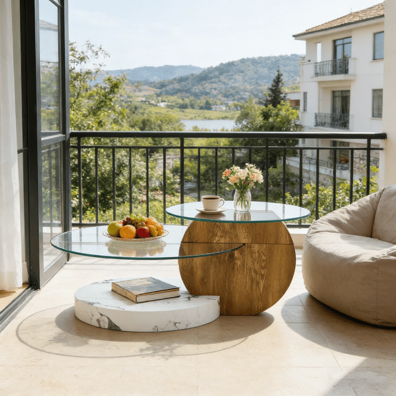 StnTalk 42" Round Coffee Table, 3-Tier Glass Coffee Table with Imitation Wood Grain and Faux Marble MDF Base, Modern Storage Center Table for Living Room, Small Space, Apartment
