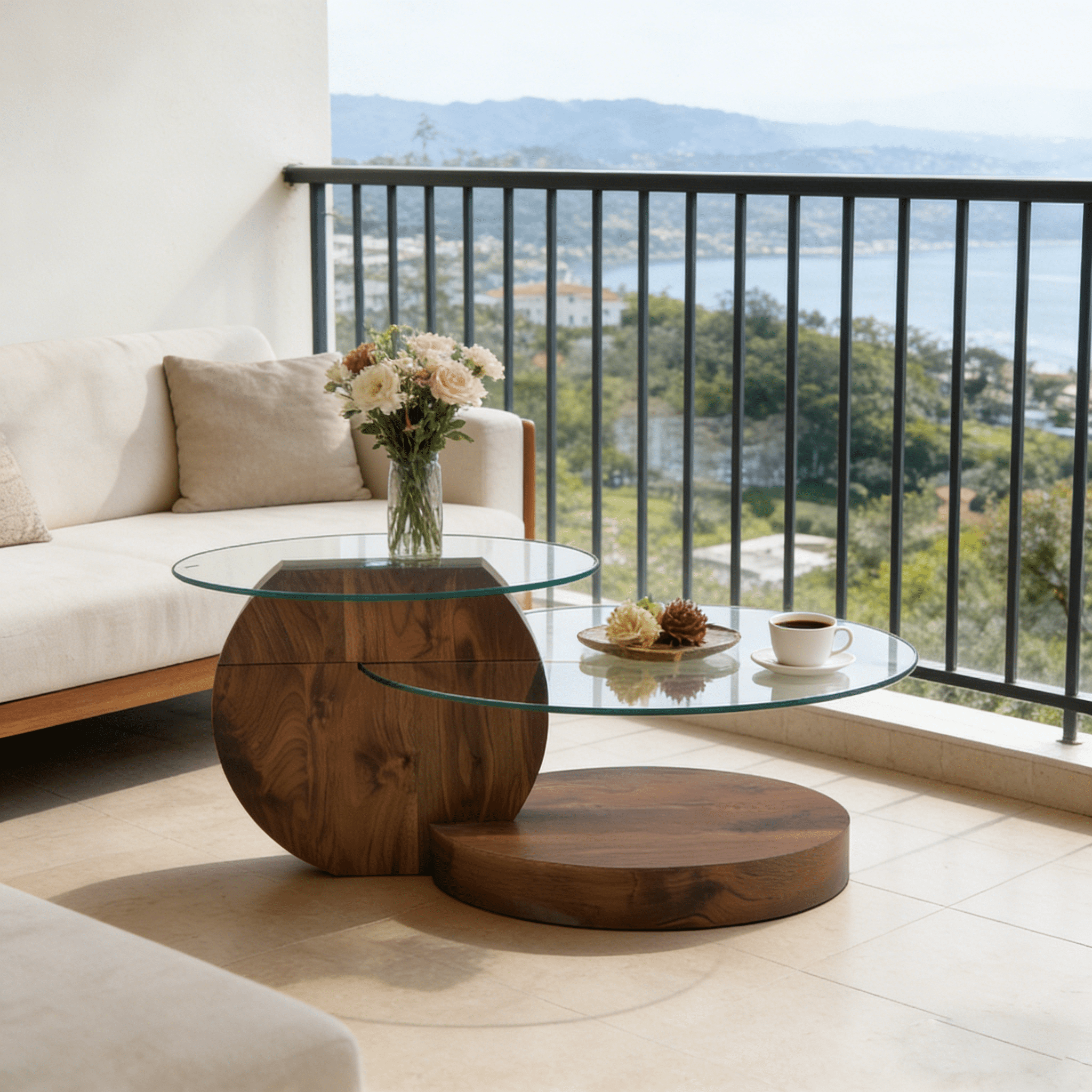 StnTalk 42" Round Coffee Table, 3-Tier Glass Coffee Table with Imitation Wood Grain MDF Base, Modern Storage Center Table for Living Room, Small Space, Apartment