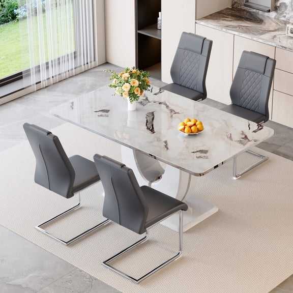 StnTalk 5-Piece Dining Table Set for 4, Modern Kitchen Table Set with Marble-Look MDF Tabletop and 4 Upholstered Chairs, Rectangular Dining Room Table with Metal Legs