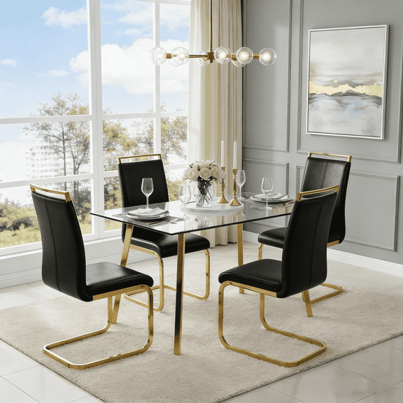 StnTalk 51" Glass Dining Table Set for 4, Luxury Rectangle Tempered Glass Kitchen Table with 4 Black PU Leather Chairs, Gold Metal Legs Modern Dining Room Set for Apartment & Home