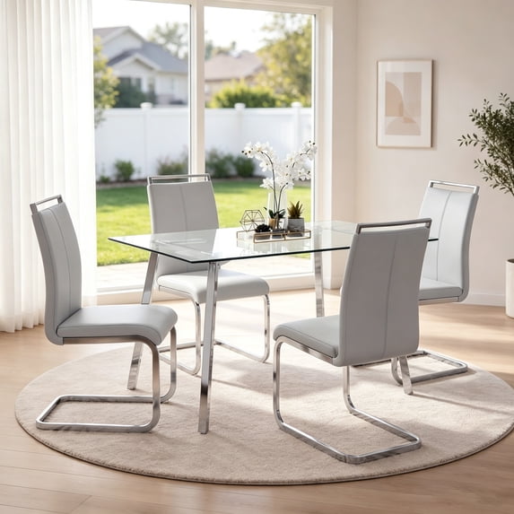 StnTalk 51" Glass Dining Table Set for 4, Modern Rectangle Dining Table with 4 Light Gray PU Leather Chairs, Tempered Glass Table Top with Silver Metal Legs for Dining Room, Kitchen & Apartment
