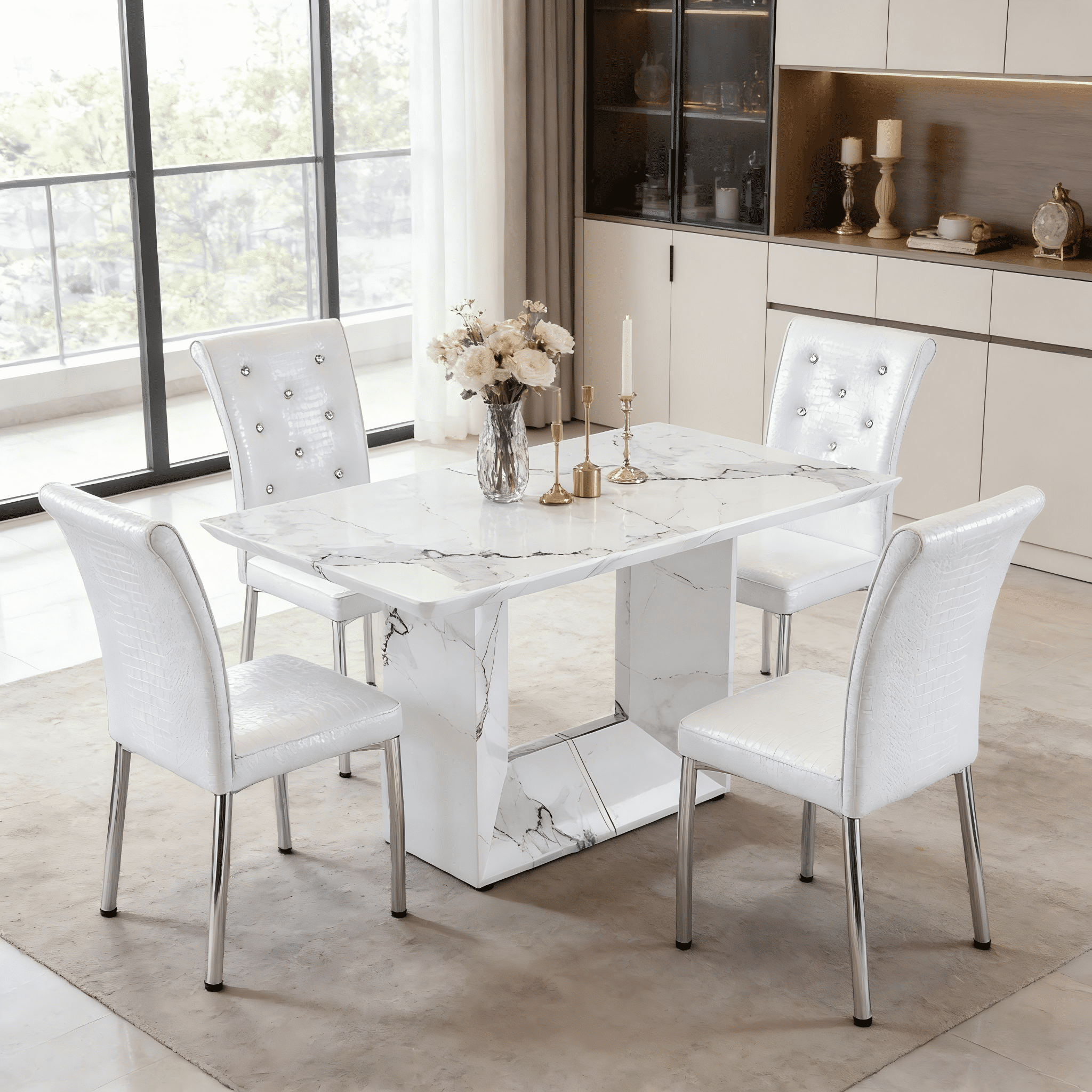 StnTalk 63" Dining Table Set for 4, Modern White Faux Marble Pattern ...