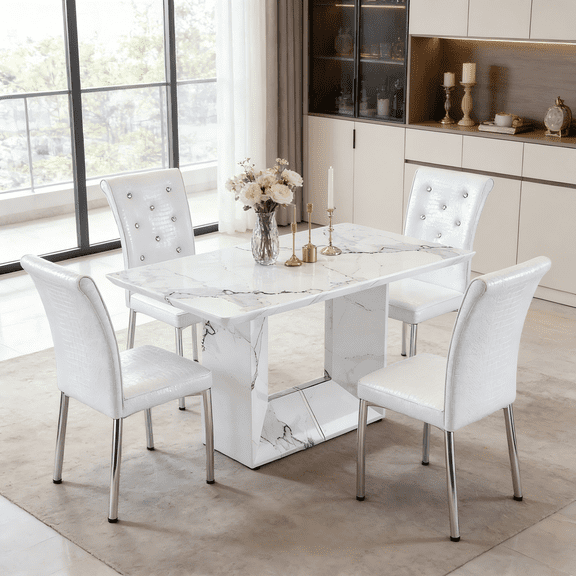 StnTalk 63" Dining Table Set for 4, Modern White Faux Marble Pattern Kitchen Table with 4 White Faux Leather Crocodile Pattern Chairs, MDF Dining Room Table Set with Metal Legs for Home Apartment