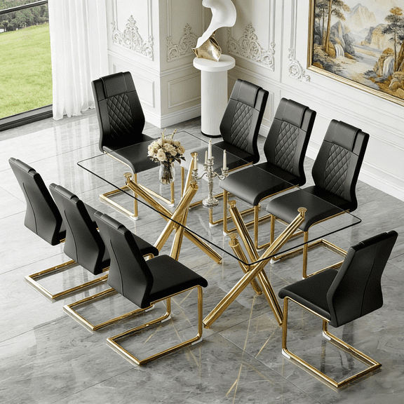 StnTalk 71 Glass Dining Table Set for 8,Modern Dining Room Table Set for 8,Large Rectangular Tempered Glass Table and 8 Black PU Leather Chairs, with Gold Legs for Dining Room Kitchen
