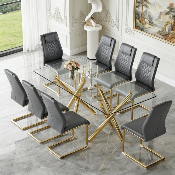 StnTalk 71 Glass Dining Table Set for 8,Modern Dining Room Table Set for 8,Large Rectangular Tempered Glass Table and 8 Gray PU Leather Chairs, with Gold Legs for Dining Room Kitchen