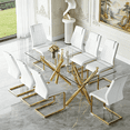 thumbnail image 1 of StnTalk 71” Glass Dining Table Set for 8,Modern Dining Room Table Set for 8,Large Rectangular Tempered Glass Table and 8 White PU Leather Chairs, with Gold Legs for Dining Room Kitchen, 1 of 8