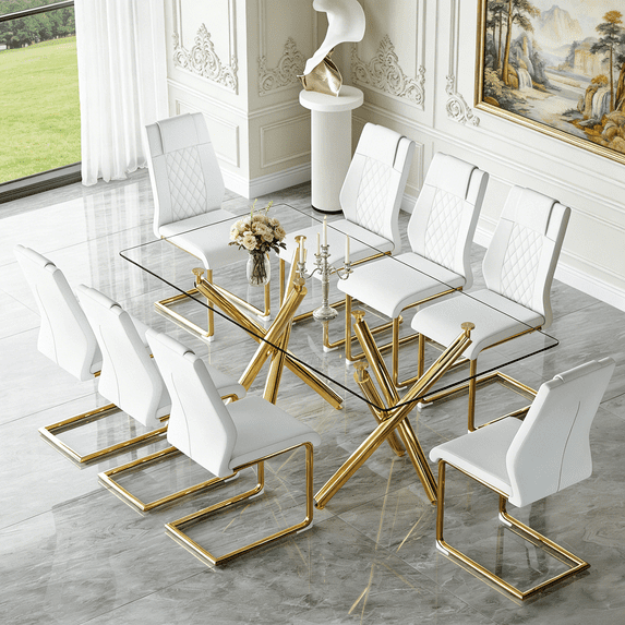 StnTalk 71” Glass Dining Table Set for 8,Modern Dining Room Table Set for 8,Large Rectangular Tempered Glass Table and 8 White PU Leather Chairs, with Gold Legs for Dining Room Kitchen