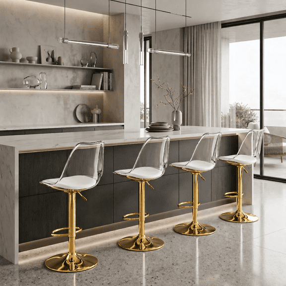 StnTalk Adjustable Bar Stools Set of 4, 360° Swivel Counter Height Bar Chairs, Clear Back PU Seat, Modern Kitchen Island Barstools with Footrest