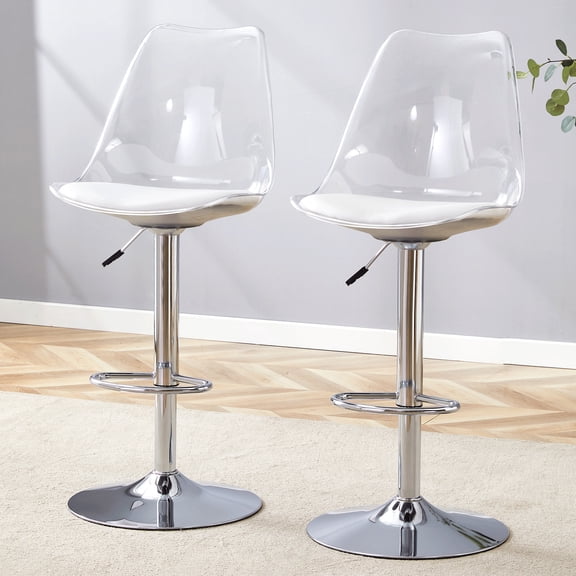 StnTalk Adjustable Swivel Bar Stools with Backs, Set of 2 Clear Barstool with Footrest, Modern Counter Height Chairs with White PU Cushion for Kitchen Island Bar Pub