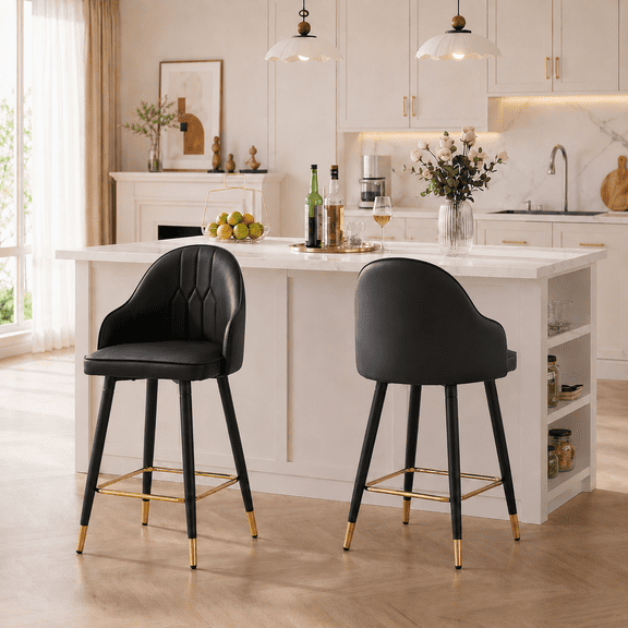 StnTalk Bar Stools Set of 2, Counter Height Barstools with Backs, Black PU Leather Kitchen Stools with Gold Footrest & Stable Metal Legs, Modern Upholstered Chairs for Kitchen Island