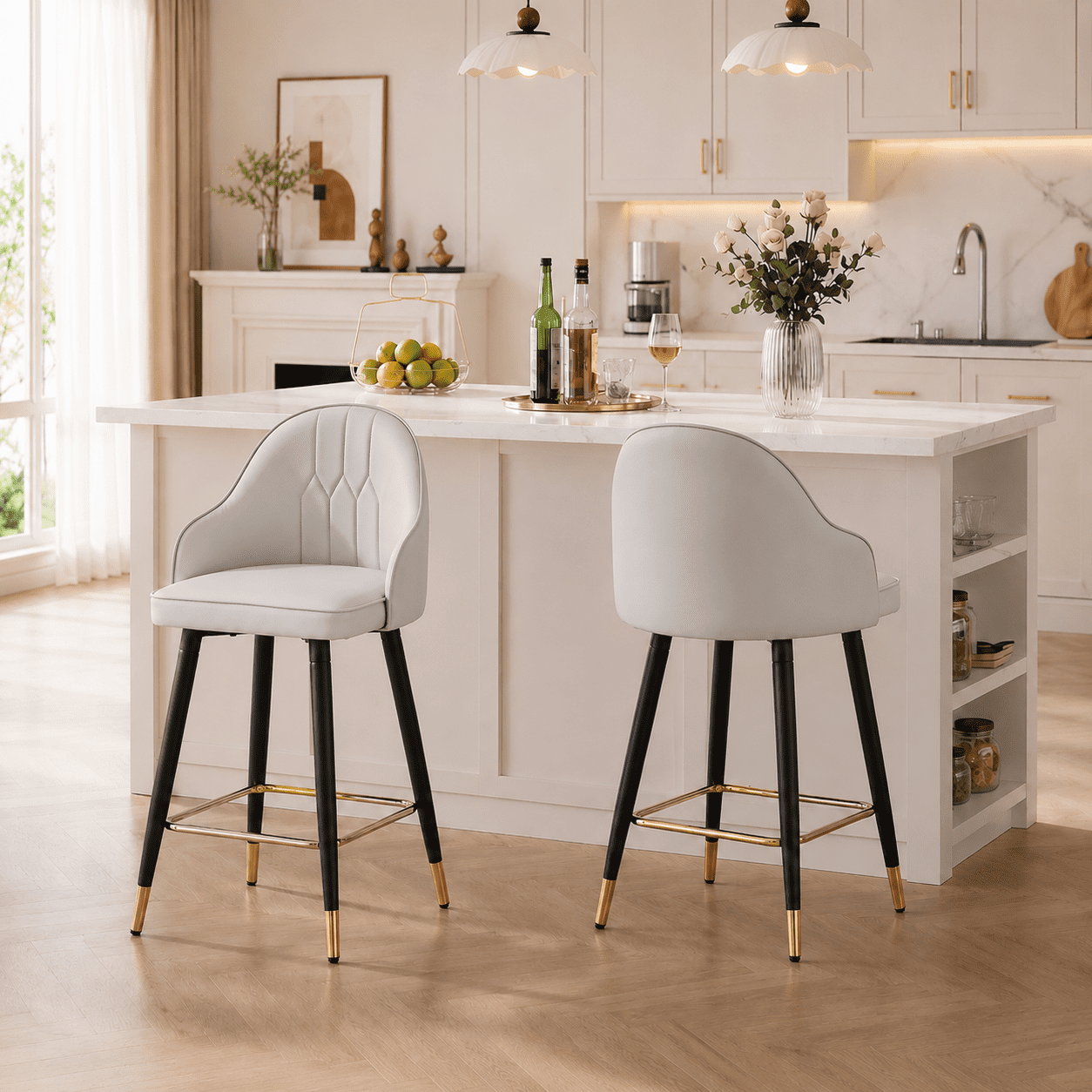 StnTalk Bar Stools Set of 2, Counter Height Barstools with Backs, Light Gray PU Leather Kitchen Stools with Gold Footrest & Stable Metal Legs, Modern Upholstered Chairs for Kitchen Island