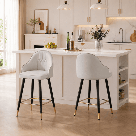 StnTalk Bar Stools Set of 2, Counter Height Barstools with Backs, Light Gray PU Leather Kitchen Stools with Gold Footrest & Stable Metal Legs, Modern Upholstered Chairs for Kitchen Island