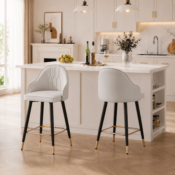 StnTalk Bar Stools Set of 2, Counter Height Barstools with Backs, Light Gray PU Leather Kitchen Stools with Gold Footrest & Stable Metal Legs, Modern Upholstered Chairs for Kitchen Island