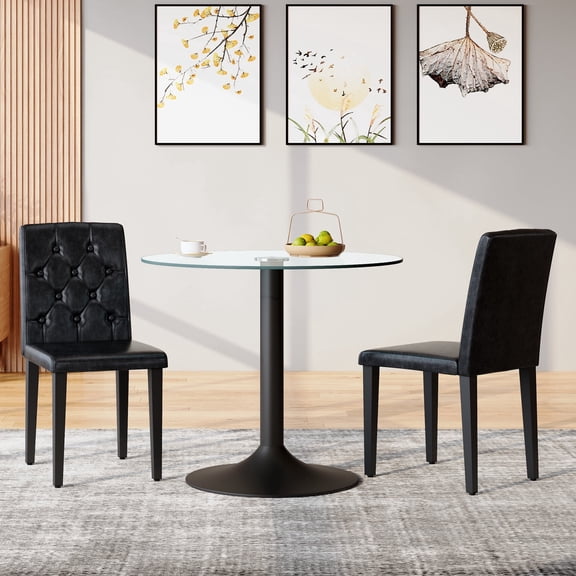 StnTalk Black Dining Chairs Set of 2, Tufted Faux Leather Kitchen Chairs with Black Metal Legs, Upholstered Parsons Accent Chairs for Small Space, Apartment, Easy Assembly