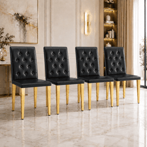 StnTalk Black Dining Chairs Set of 4, Button Tufted Upholstered Faux Leather Dining Room Chairs with Gold Metal Legs, Modern Parsons Chairs for Kitchen and Dining Table, Easy Assembly