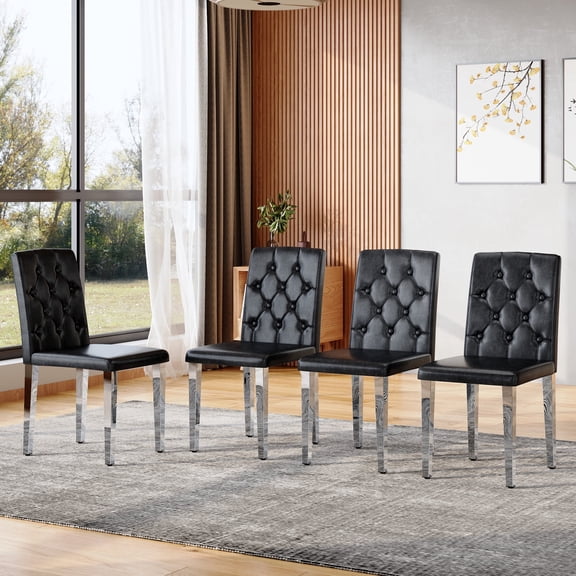 StnTalk Black Dining Chairs Set of 4, Button Tufted Upholstered Faux Leather Dining Room Chairs with Silver Metal Legs, Modern Parsons Chairs for Kitchen and Dining Table, Easy Assembly