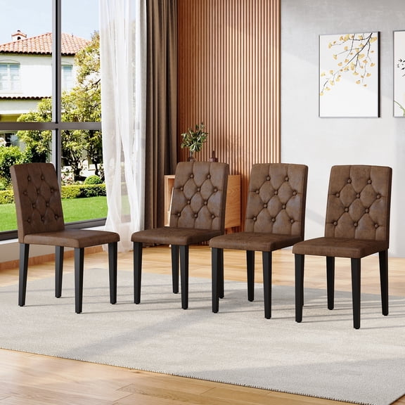StnTalk Brown Dining Chairs Set of 4, Button Tufted Upholstered Faux Leather Dining Room Chairs with Black Metal Legs, Modern Parsons Chairs for Kitchen and Dining Table, Easy Assembly