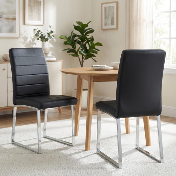StnTalk Dining Chairs Set of 2, Black Faux Leather Kitchen Chairs with Thick Padded Seat, Armless Side Chairs with Metal Legs for Apartment & Small Dining Spaces