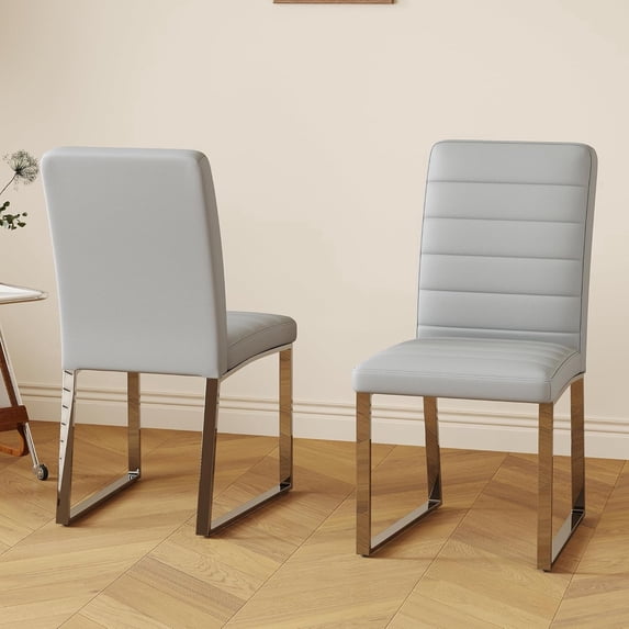 StnTalk Dining Chairs Set of 2, Kight Gray Faux Leather Kitchen Chairs with Thick Padded Seat, Armless Side Chairs with Metal Legs for Apartment & Small Dining Spaces