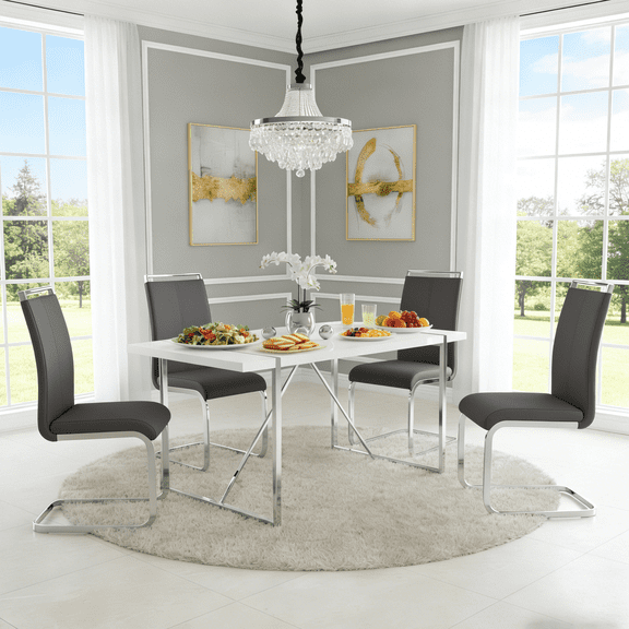 StnTalk Dining Table Set for 4, Modern Kitchen & Dining Room Table with 4 Gray PU Leather Chairs, Compact MDF Table with Metal Frame for Small Space Apartment