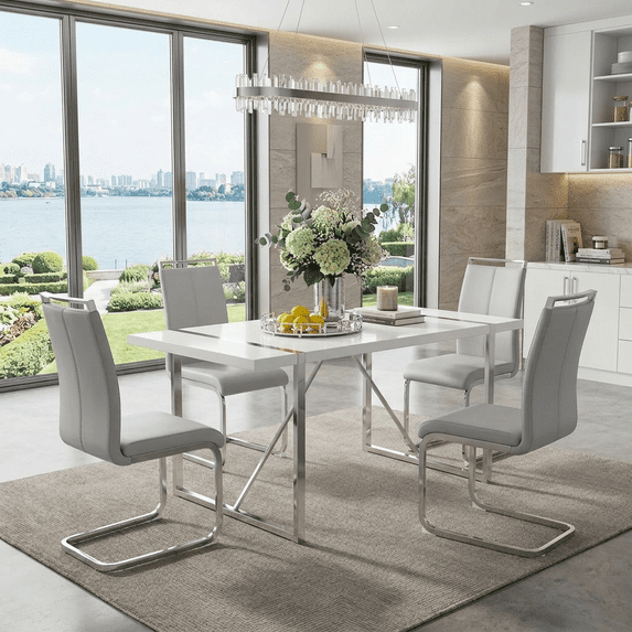 StnTalk Dining Table Set for 4, Modern Kitchen & Dining Room Table with 4 Light Gray PU Leather Chairs, Compact MDF Table with Metal Frame for Small Space Apartment