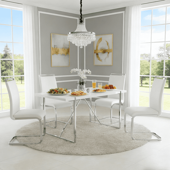 StnTalk Dining Table Set for 4, Modern Kitchen & Dining Room Table with 4 White PU Leather Chairs, Compact MDF Table with Metal Frame for Small Space Apartment