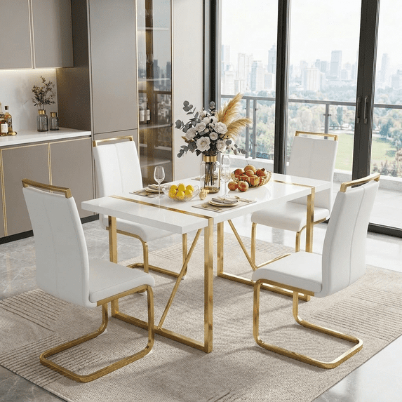 StnTalk Dining Table Set for 4, White and Gold Kitchen Table Set with 4 PU Leather Chairs, Modern Glam Dining Set with Gold Metal Frame for Apartment Small Space