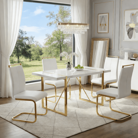 StnTalk Dining Table Set for 4, White and Gold Kitchen Table Set with 4 PU Leather Chairs, Modern Glam Dining Set with Gold Metal Frame for Apartment Small Space