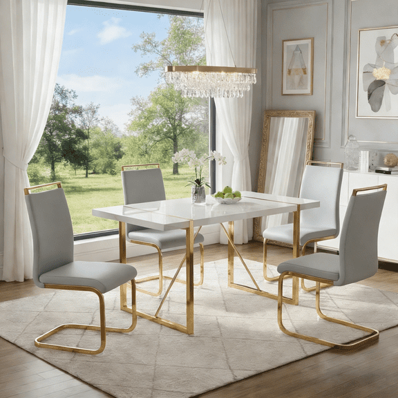 StnTalk Dining Table Set for 4, White and Gold Kitchen Table Set with 4 PU Leather Chairs, Modern Glam Dining Set with Gold Metal Frame for Apartment Small Space