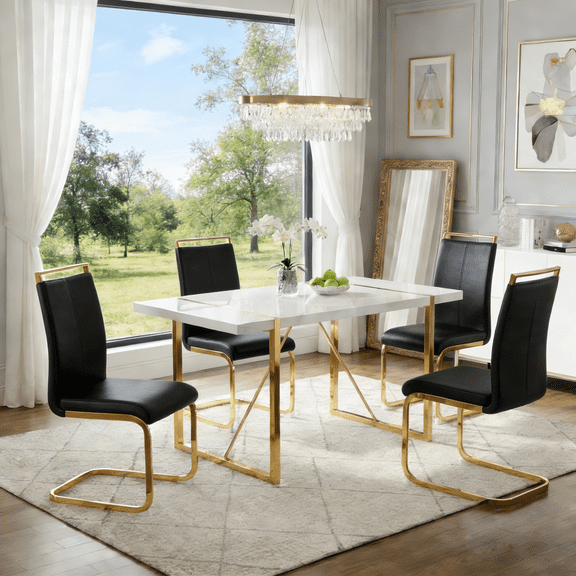 StnTalk Dining Table Set for 4, White and Gold Kitchen Table Set with 4 PU Leather Chairs, Modern Glam Dining Set with Gold Metal Frame for Apartment Small Space