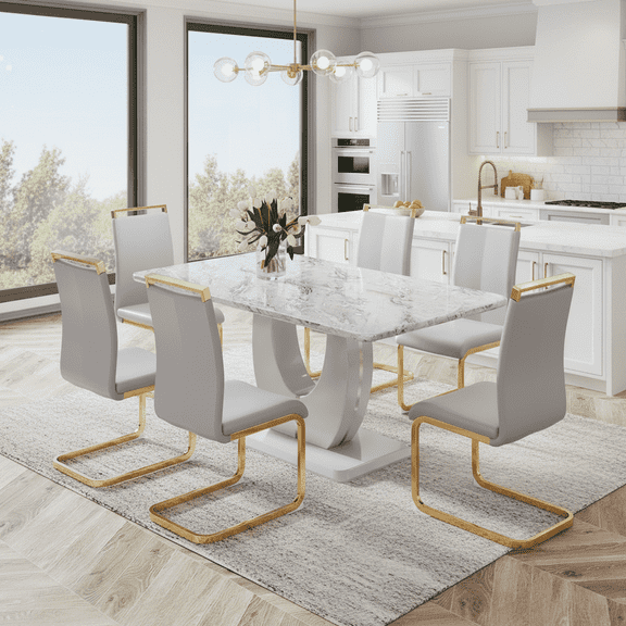 StnTalk Dining Table Set for 6, 63'' Grey Faux Marble Dining Room Table with 6 PU Leather Chairs, Modern Kitchen Table Set with Golden Metal Legs for Dining Room