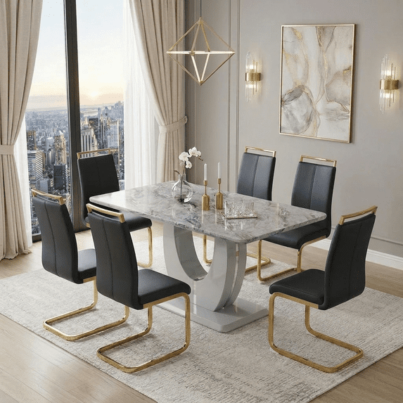 StnTalk Dining Table Set for 6, 63'' Grey Faux Marble Dining Room Table with 6 PU Leather Chairs, Modern Kitchen Table Set with Golden Metal Legs for Dining Room