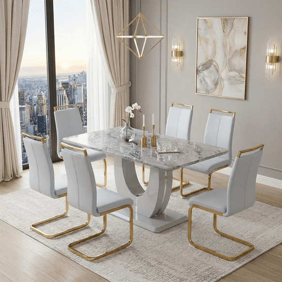 StnTalk Dining Table Set for 6, 63'' Grey Faux Marble Dining Room Table with 6 PU Leather Chairs, Modern Kitchen Table Set with Golden Metal Legs for Dining Room