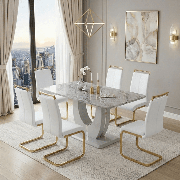 StnTalk Dining Table Set for 6, 63'' Grey Faux Marble Dining Room Table with 6 PU Leather Chairs, Modern Kitchen Table Set with Golden Metal Legs for Dining Room
