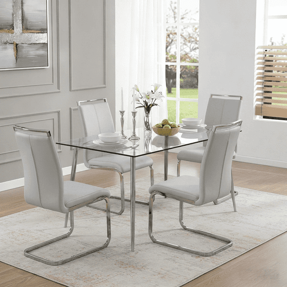 StnTalk Glass Dining Table Set for 4,5 Piece Dining Table and Chairs Set,Modern Kitchen Dining Room Table with 4 PU Leather Dining Chairs,Dinner Table Set, Light Grey