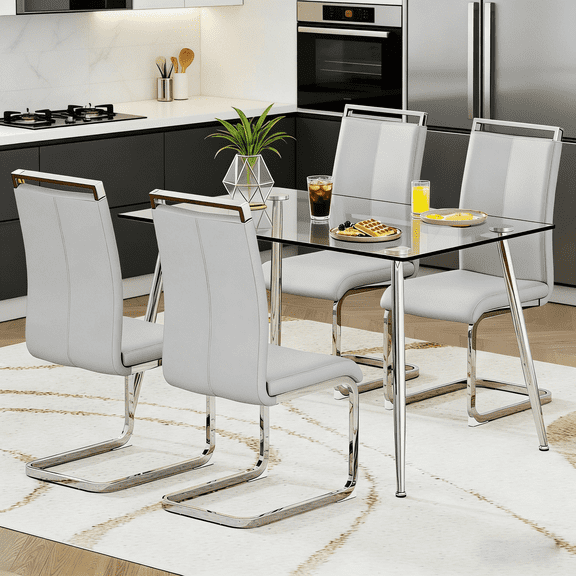 StnTalk Glass Dining Table Set for 4,5 Piece Dining Table and Chairs SetModern Kitchen Dining Room Table with 4 PU Leather Dining Chairs,Dinner Table Set, Light Grey