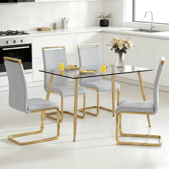 StnTalk Glass Dining Table Set for 4,5 Piece Dining Table and Chairs Set,Modern Kitchen Dining Room Table with 4 PU Leather Dining Chairs,Dinner Table Set