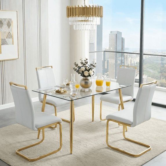 StnTalk Glass Dining Table Set for 4,5 Piece Dining Table and Chairs Set,Modern Kitchen Dining Room Table with 4 White PU Leather Dining Chairs,0.31” Tempered Glass Table Top with Gold Metal Legs