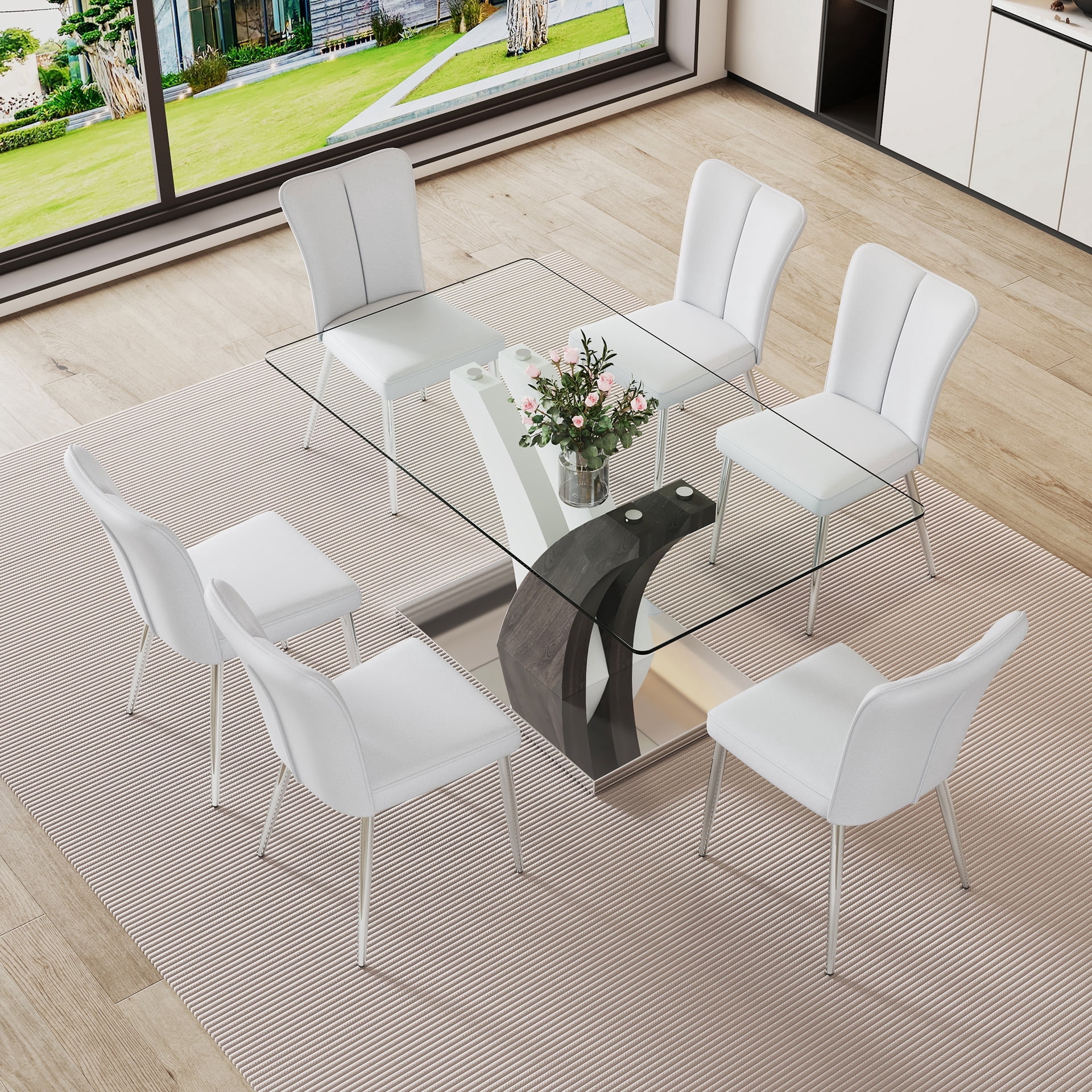 StnTalk Glass Dining Table Set for 6, 63” Kitchen Table Set for 6 ...